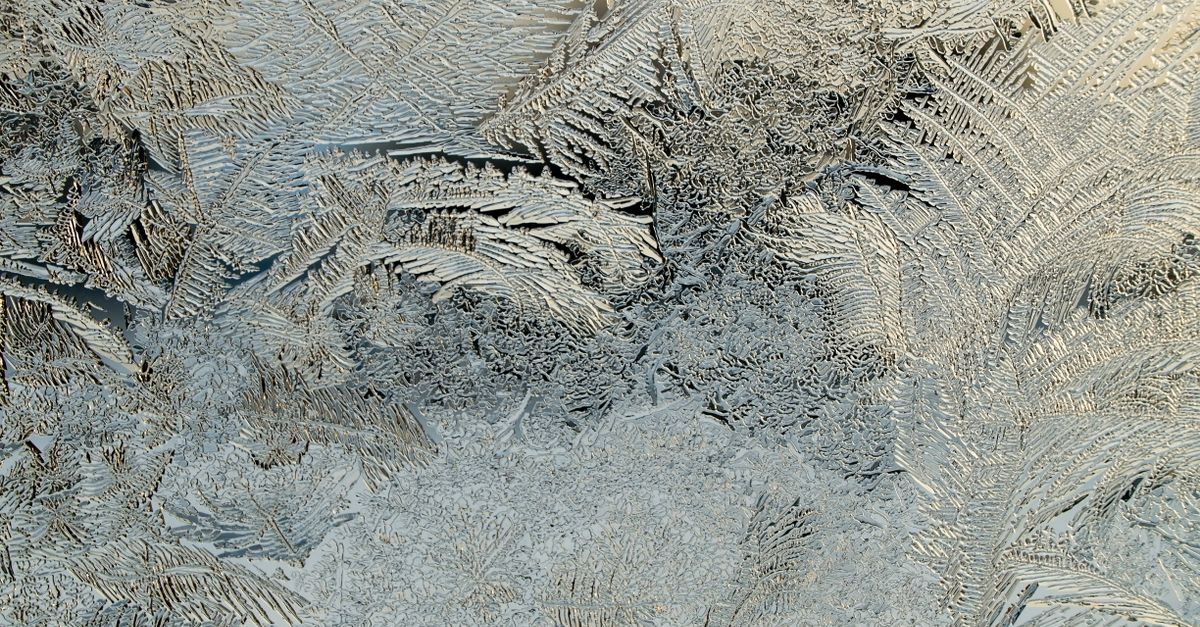 Zbliżenie na szybę okienną pokrytą misternym wzorem mrozu w kształcie liści paproci.